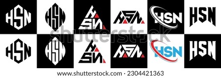 HSN letter logo design in six style. HSN polygon, circle, triangle, hexagon, flat and simple style with black and white color variation letter logo set in one artboard. HSN minimalist and classic logo