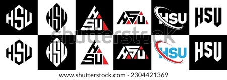 HSU letter logo design in six style. HSU polygon, circle, triangle, hexagon, flat and simple style with black and white color variation letter logo set in one artboard. HSU minimalist and classic logo