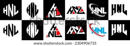 HNL letter logo design in six style. HNL polygon, circle, triangle, hexagon, flat and simple style with black and white color variation letter logo set in one artboard. HNL minimalist and classic logo