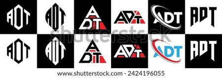 ADT letter logo design in six style. ADT polygon, circle, triangle, hexagon, flat and simple style with black and white color variation letter logo set in one artboard. ADT minimalist and classic logo