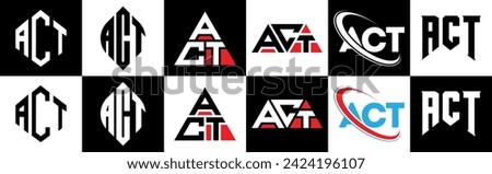 ACT letter logo design in six style. ACT polygon, circle, triangle, hexagon, flat and simple style with black and white color variation letter logo set in one artboard. ACT minimalist and classic logo