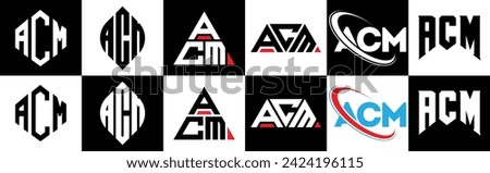 ACM letter logo design in six style. ACM polygon, circle, triangle, hexagon, flat and simple style with black and white color variation letter logo set in one artboard. ACM minimalist and classic logo