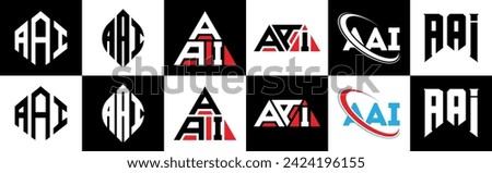 AAI letter logo design in six style. AAI polygon, circle, triangle, hexagon, flat and simple style with black and white color variation letter logo set in one artboard. AAI minimalist and classic logo