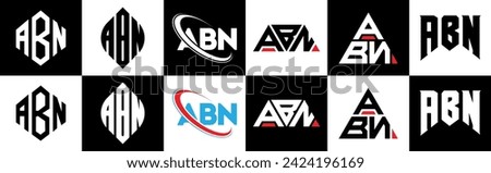 ABN letter logo design in six style. ABN polygon, circle, triangle, hexagon, flat and simple style with black and white color variation letter logo set in one artboard. ABN minimalist and classic logo