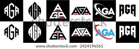 AGA letter logo design in six style. AGA polygon, circle, triangle, hexagon, flat and simple style with black and white color variation letter logo set in one artboard. AGA minimalist and classic logo