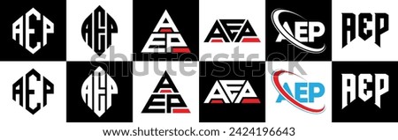 AEP letter logo design in six style. AEP polygon, circle, triangle, hexagon, flat and simple style with black and white color variation letter logo set in one artboard. AEP minimalist and classic logo
