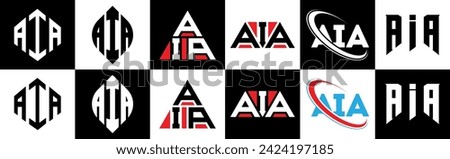 AIA letter logo design in six style. AIA polygon, circle, triangle, hexagon, flat and simple style with black and white color variation letter logo set in one artboard. AIA minimalist and classic logo