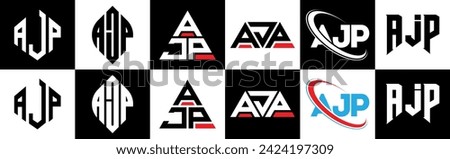 AJP letter logo design in six style. AJP polygon, circle, triangle, hexagon, flat and simple style with black and white color variation letter logo set in one artboard. AJP minimalist and classic logo