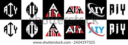 AIY letter logo design in six style. AIY polygon, circle, triangle, hexagon, flat and simple style with black and white color variation letter logo set in one artboard. AIY minimalist and classic logo
