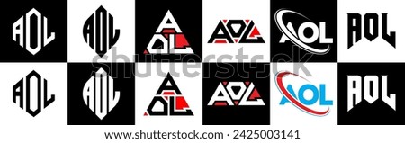 AOL letter logo design in six style. AOL polygon, circle, triangle, hexagon, flat and simple style with black and white color variation letter logo set in one artboard. AOL minimalist and classic logo
