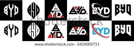 BYD letter logo design in six style. BYD polygon, circle, triangle, hexagon, flat and simple style with black and white color variation letter logo set in one artboard. BYD minimalist and classic logo
