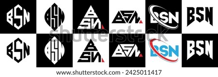 BSN letter logo design in six style. BSN polygon, circle, triangle, hexagon, flat and simple style with black and white color variation letter logo set in one artboard. BSN minimalist and classic logo