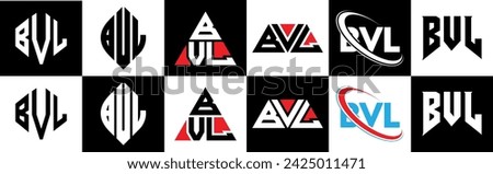 BVL letter logo design in six style. BVL polygon, circle, triangle, hexagon, flat and simple style with black and white color variation letter logo set in one artboard. BVL minimalist and classic logo