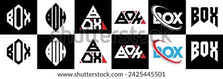 BOX letter logo design in six style. BOX polygon, circle, triangle, hexagon, flat and simple style with black and white color variation letter logo set in one artboard. BOX minimalist and classic logo