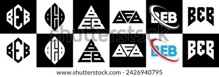 BEB letter logo design in six style. BEB polygon, circle, triangle, hexagon, flat and simple style with black and white color variation letter logo set in one artboard. BEB minimalist and classic logo