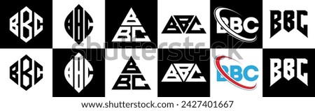 BBC letter logo design in six style. BBC polygon, circle, triangle, hexagon, flat and simple style with black and white color variation letter logo set in one artboard. BBC minimalist and classic logo