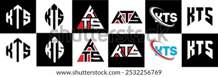 KTS letter logo design in six style. KTS polygon, circle, triangle, hexagon, flat and simple style with black and white color variation letter logo set in one artboard. KTS minimalist and classic logo