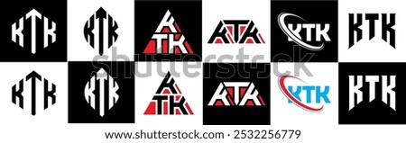 KTK letter logo design in six style. KTK polygon, circle, triangle, hexagon, flat and simple style with black and white color variation letter logo set in one artboard. KTK minimalist and classic logo