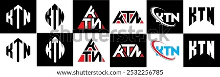 KTN letter logo design in six style. KTN polygon, circle, triangle, hexagon, flat and simple style with black and white color variation letter logo set in one artboard. KTN minimalist and classic logo