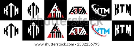 KTM letter logo design in six style. KTM polygon, circle, triangle, hexagon, flat and simple style with black and white color variation letter logo set in one artboard. KTM minimalist and classic logo