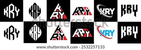 KRY letter logo design in six style. KRY polygon, circle, triangle, hexagon, flat and simple style with black and white color variation letter logo set in one artboard. KRY minimalist and classic logo