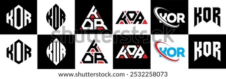 KOR letter logo design in six style. KOR polygon, circle, triangle, hexagon, flat and simple style with black and white color variation letter logo set in one artboard. KOR minimalist and classic logo