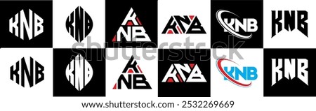 KNB letter logo design in six style. KNB polygon, circle, triangle, hexagon, flat and simple style with black and white color variation letter logo set in one artboard. KNB minimalist and classic logo