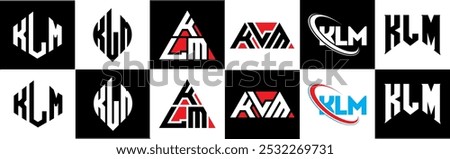 KLM letter logo design in six style. KLM polygon, circle, triangle, hexagon, flat and simple style with black and white color variation letter logo set in one artboard. KLM minimalist and classic logo