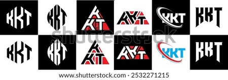 KKT letter logo design in six style. KKT polygon, circle, triangle, hexagon, flat and simple style with black and white color variation letter logo set in one artboard. KKT minimalist and classic logo