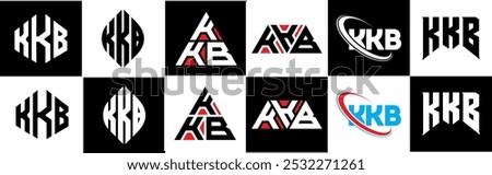 KKB letter logo design in six style. KKB polygon, circle, triangle, hexagon, flat and simple style with black and white color variation letter logo set in one artboard. KKB minimalist and classic logo