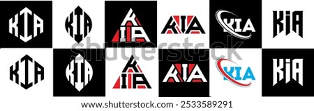 KIA letter logo design in six style. KIA polygon, circle, triangle, hexagon, flat and simple style with black and white color variation letter logo set in one artboard. KIA minimalist and classic logo