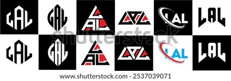 LAL letter logo design in six style. LAL polygon, circle, triangle, hexagon, flat and simple style with black and white color variation letter logo set in one artboard. LAL minimalist and classic logo