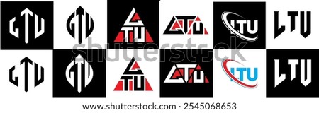 LTU letter logo design in six style. LTU polygon, circle, triangle, hexagon, flat and simple style with black and white color variation letter logo set in one artboard. LTU minimalist and classic logo