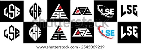 LSE letter logo design in six style. LSE polygon, circle, triangle, hexagon, flat and simple style with black and white color variation letter logo set in one artboard. LSE minimalist and classic logo