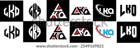 LKQ letter logo design in six style. LKQ polygon, circle, triangle, hexagon, flat and simple style with black and white color variation letter logo set in one artboard. LKQ minimalist and classic logo