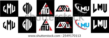 LMU letter logo design in six style. LMU polygon, circle, triangle, hexagon, flat and simple style with black and white color variation letter logo set in one artboard. LMU minimalist and classic logo