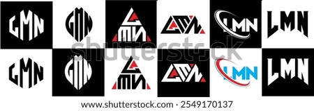 LMN letter logo design in six style. LMN polygon, circle, triangle, hexagon, flat and simple style with black and white color variation letter logo set in one artboard. LMN minimalist and classic logo