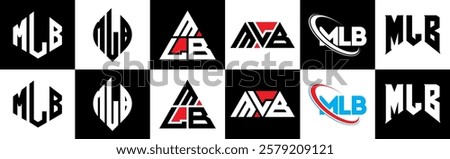 MLB letter logo design in six style. MLB polygon, circle, triangle, hexagon, flat and simple style with black and white color variation letter logo set in one artboard. MLB minimalist and classic logo