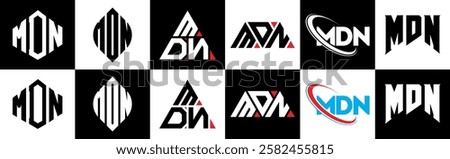 MDN letter logo design in six style. MDN polygon, circle, triangle, hexagon, flat and simple style with black and white color variation letter logo set in one artboard. MDN minimalist and classic logo