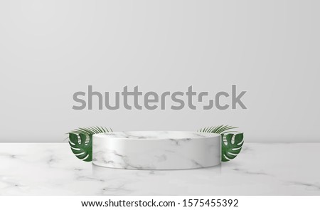White marble cylinder podium in white background. decor by palm, monstera leaves scene stage mockup showcase for product, sale, banner, discount, presentation, cosmetic, offer. illustration vector.