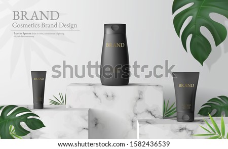 White marble Square podium in white background. decor by monstera leaves and blank Brand product mockup scene stage for ads product, sale, banner, presentation, cosmetic, offer. 3d illustration vector