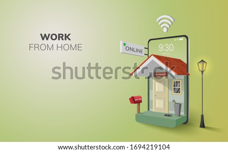 Digital Online Work from home internet Application on phone, mobile website background. social distance concept. decor by home wifi mobile. 3D vector Illustration. flat design pastel - copy space