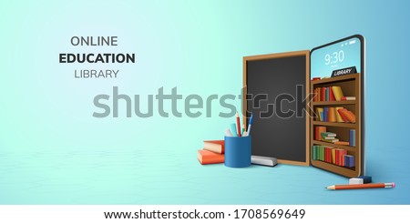 Digital Library Online Education internet and blank space on phone, mobile website background. social distance concept. decor by book lecture pencil eraser blackboard mobile. 3D vector Illustration