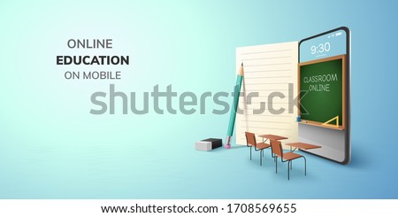 Digital Classroom Online Education internet and blank space on phone, mobile website background. social distance concept. decor by book pencil eraser Student desk table chair. 3D vector Illustration.