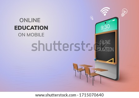 Digital Classroom Online Education kindergarten backto school concept. learning on phone, mobile website background. decor by blackboard kid, children Student desk table chair. 3D vector Illustration.