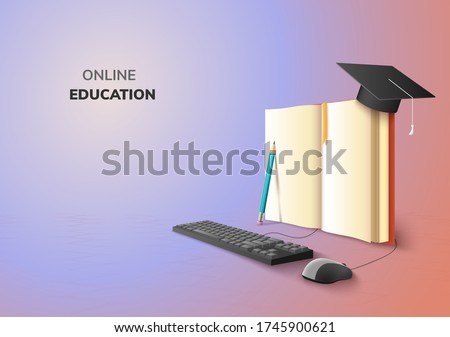 realistic Digital Online concept. Education Application learning on gradient website background. decor by book lecture pencil  computer mouse keyboard Graduation hat. 3D vector Illustration copy space