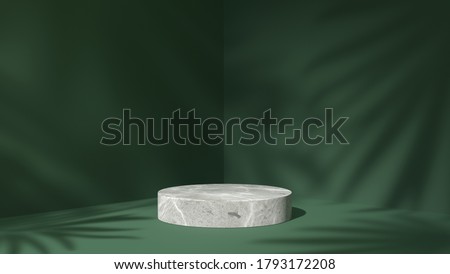 luxury white Marble block, circle, cylinder podium shadow leaves in green natural background. concept scene stage showcase, product, perfume, promotion sale, banner, presentation, cosmetic. 3D render