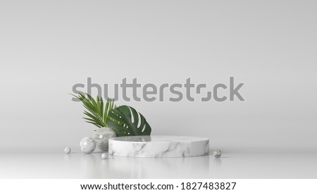 luxury white Marble box, block, cylinder podium green leaves in white marble background. concept scene stage showcase, product, perfume, promotion sale, banner, presentation, cosmetic. 3D render