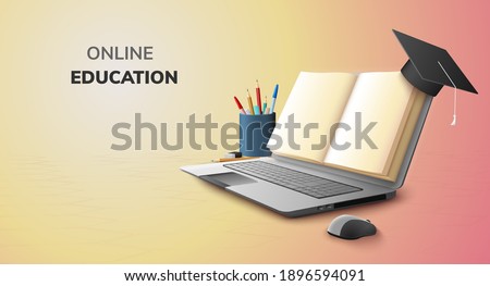 Digital Book Online Education blank space paper and 
Graduation hat on laptop mobile phone website background social distance concept