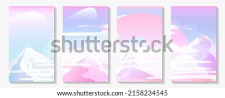 Set of nature covers with abstract shapes, mountains, clouds, sun in light shades of muted blue, purple and pink. Use for printing, sales, promotions, discounts, etc. 商業照片 © 